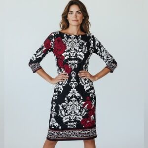 White House Black Market Damask & Floral Shift Dress | Red Black White | Size S